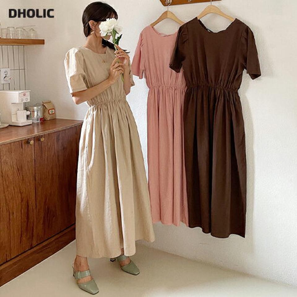 リネン混バックリボンフレアワンピース・全3色・t63586 レディース 【ops】【韓国 ファッション ワンピース ロング ロングワンピース 半袖 フェミニン リネンブレンド ゴム Vカット リボン フレア ラウンドネック パフスリーブ 体型カバー 夏 春】