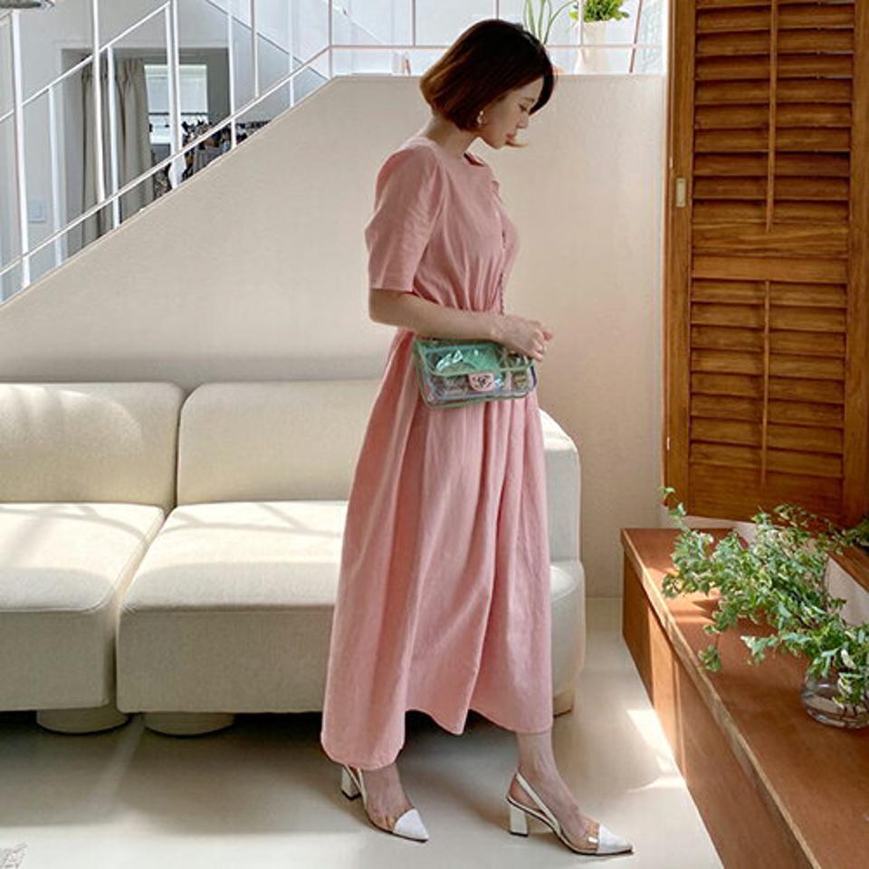 リネン混バックリボンフレアワンピース・全3色・t63586 レディース 【ops】【韓国 ファッション ワンピース ロング ロングワンピース 半袖 フェミニン リネンブレンド ゴム Vカット リボン フレア ラウンドネック パフスリーブ 体型カバー 夏 春】