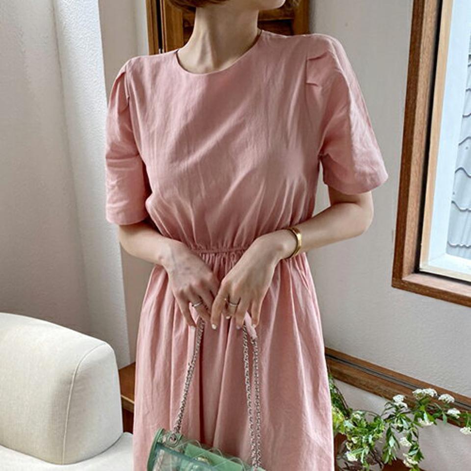 リネン混バックリボンフレアワンピース・全3色・t63586 レディース 【ops】【韓国 ファッション ワンピース ロング ロングワンピース 半袖 フェミニン リネンブレンド ゴム Vカット リボン フレア ラウンドネック パフスリーブ 体型カバー 夏 春】