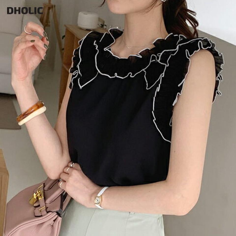 配色ステッチフリルブラウス・全3色・b68319 レディース 【bl】【トップス ブラウス フリル スリーブレス ノースリーブ タンクトップ フリル ステッチ 配色 かわいい シック 春 夏 韓国 ファッション】【ハイホリHIHOLLI】