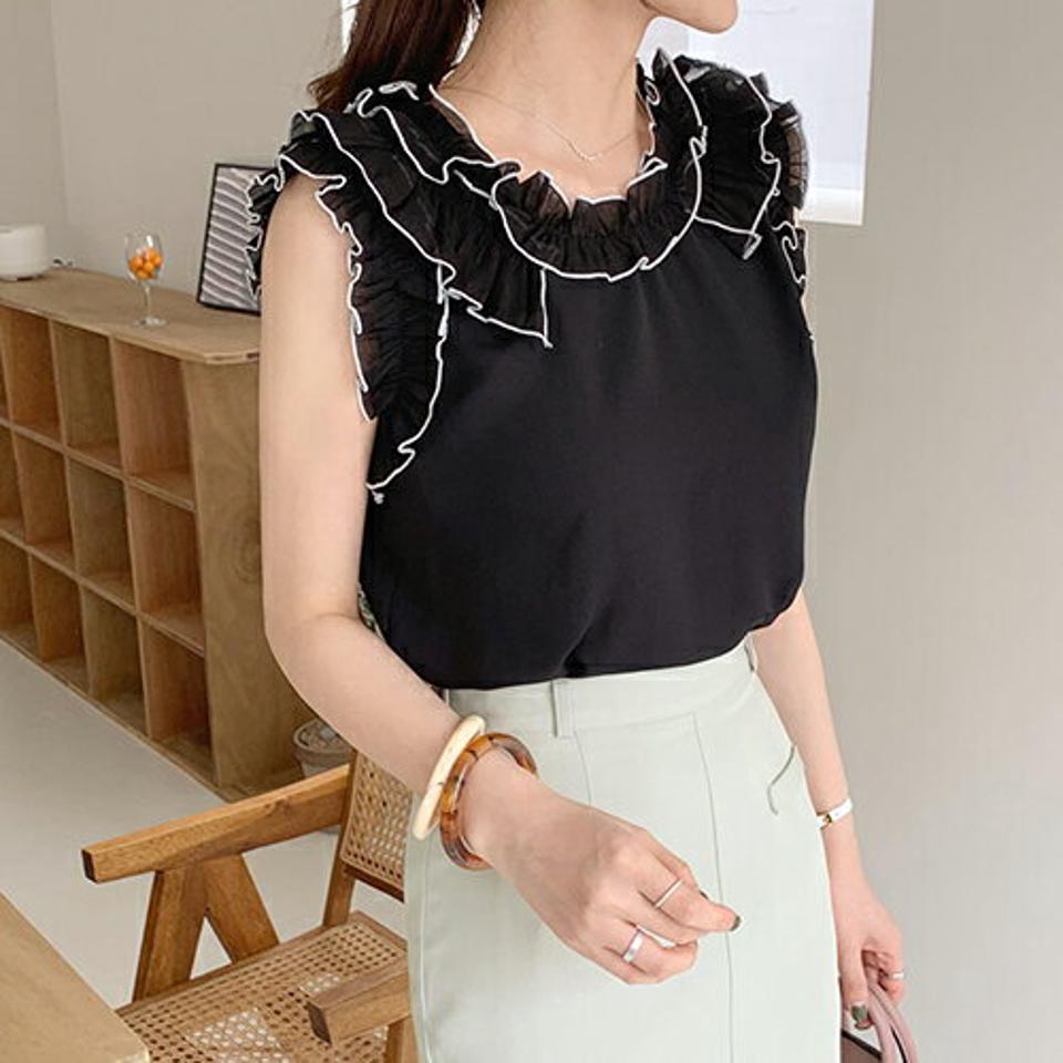 配色ステッチフリルブラウス・全3色・b68319 レディース 【bl】【トップス ブラウス フリル スリーブレス ノースリーブ タンクトップ フリル ステッチ 配色 かわいい シック 春 夏 韓国 ファッション】【ハイホリHIHOLLI】