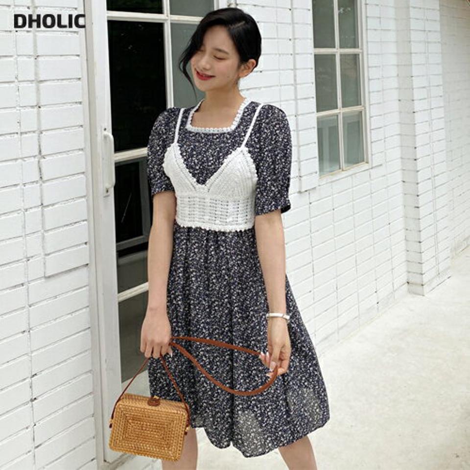 ビスチェ付花柄ワンピース・全3色・b64078 レディース 【ops】【韓国 ファッション ワンピース ミディ ミディワンピース 半袖 レイヤード ビスチェ クロップド丈 小花柄 花柄 フラワー パターン ボリューム フェミニン 細身 体型カバー 春 夏】【NIJU】