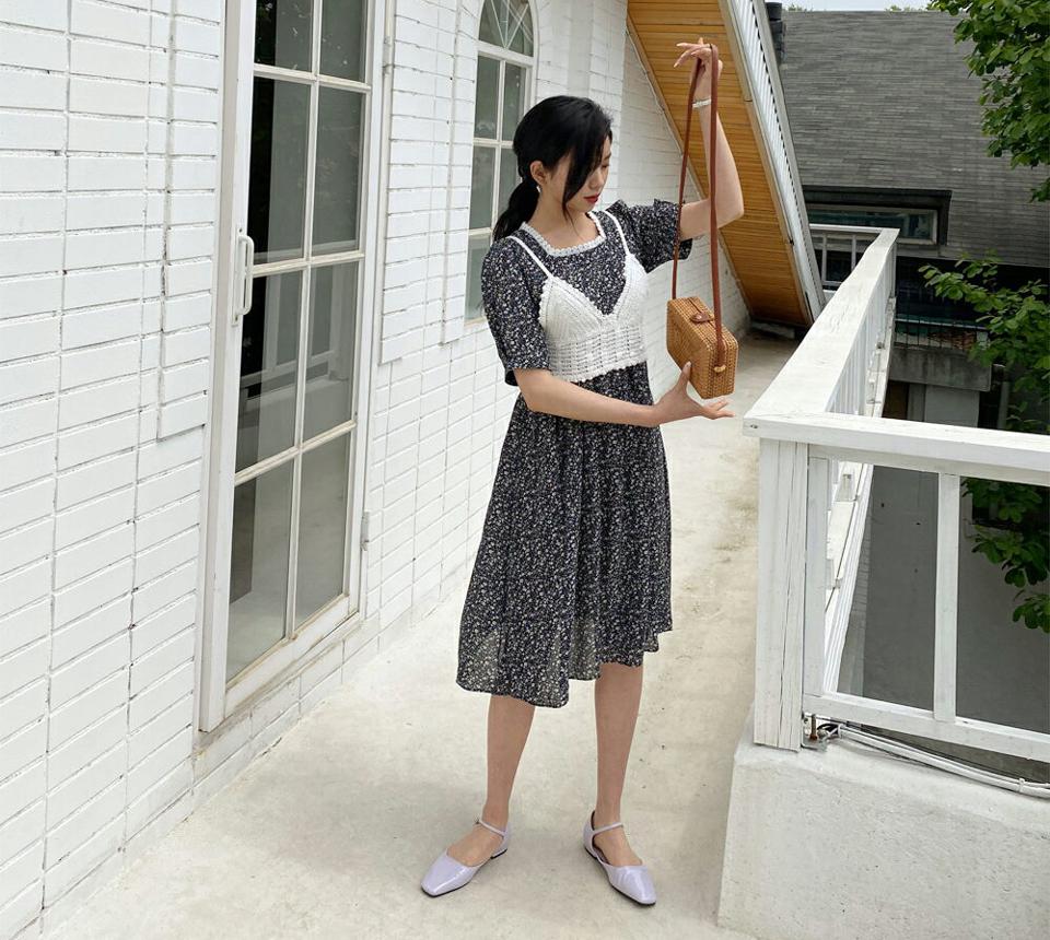 ビスチェ付花柄ワンピース・全3色・b64078 レディース 【ops】【韓国 ファッション ワンピース ミディ ミディワンピース 半袖 レイヤード ビスチェ クロップド丈 小花柄 花柄 フラワー パターン ボリューム フェミニン 細身 体型カバー 春 夏】【NIJU】