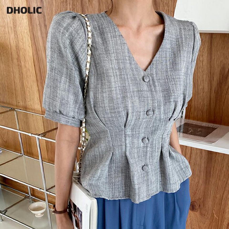 ヘリンボーンタックブラウス・全3色・t63579 レディース 【bl】【韓国 ファッション トップス ブラウス 半袖 へリンボーン リネンブレンド シック スリム Vネック 体型カバー ボリューム フェミニン 夏 春】