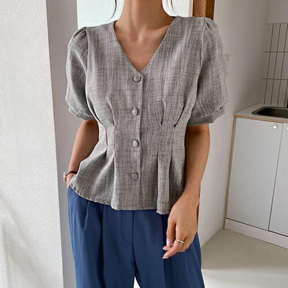ヘリンボーンタックブラウス・全3色・t63579 レディース 【bl】【韓国 ファッション トップス ブラウス 半袖 へリンボーン リネンブレンド シック スリム Vネック 体型カバー ボリューム フェミニン 夏 春】