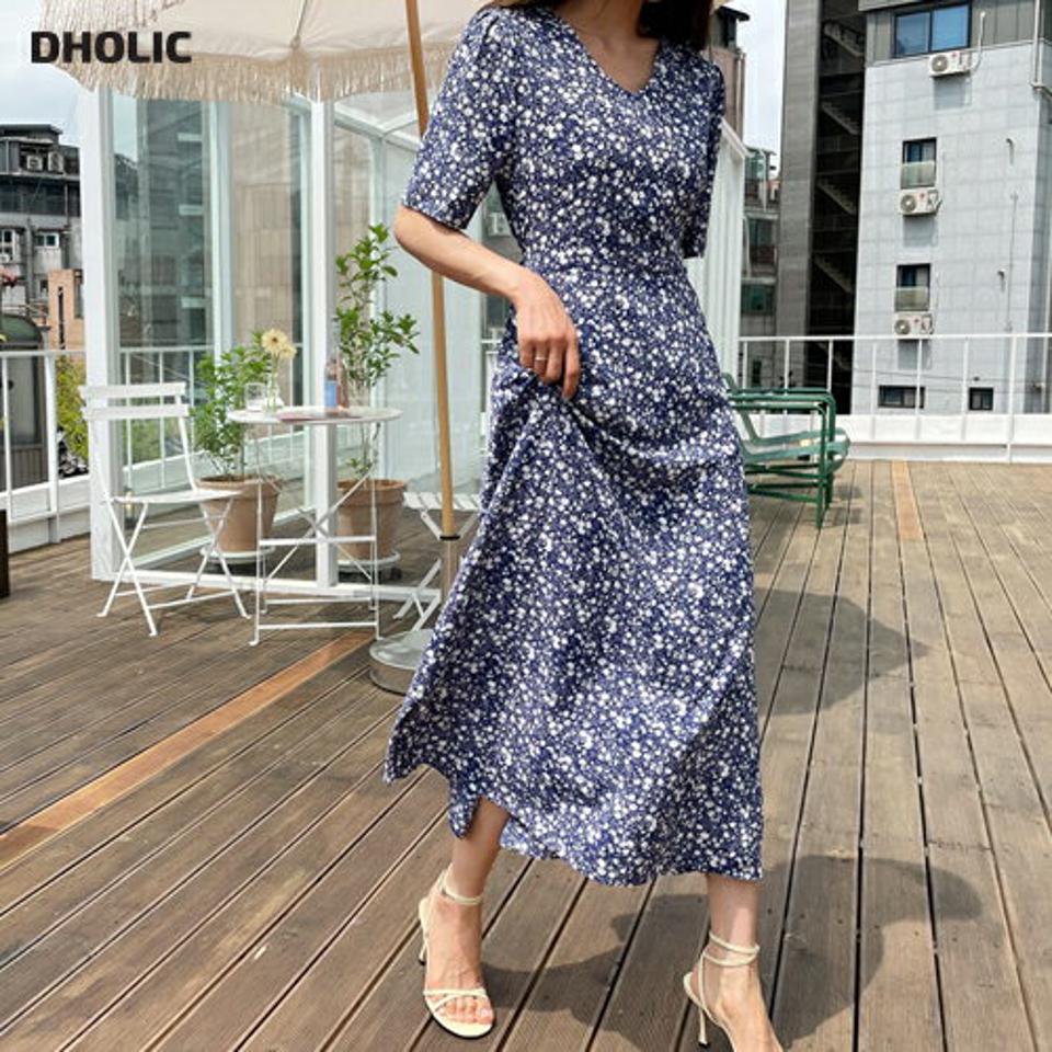 Vネックリボンシフォン花柄ワンピース・全2色・t63587 レディース 【ops】 韓国 ファッション ワンピース ロング ロングワンピース 半袖 フェミニン シフォン 花柄 フラワー パターン Vネック リボン ボリューム 体型カバー 細身 夏 春