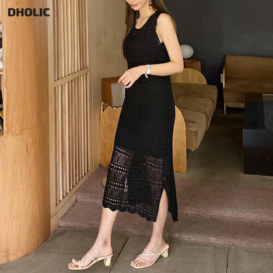 ニットスリップ付2WAYパンチングワンピースSET・全3色・t68327 レディース 【ops】 ワンピース ロング ロングワンピ−ス スリット スリーブレス ノースリーブ ニット 2way 透け感 前後着用自由 春 夏 韓国 ファッション ハイホリHIHOLLI