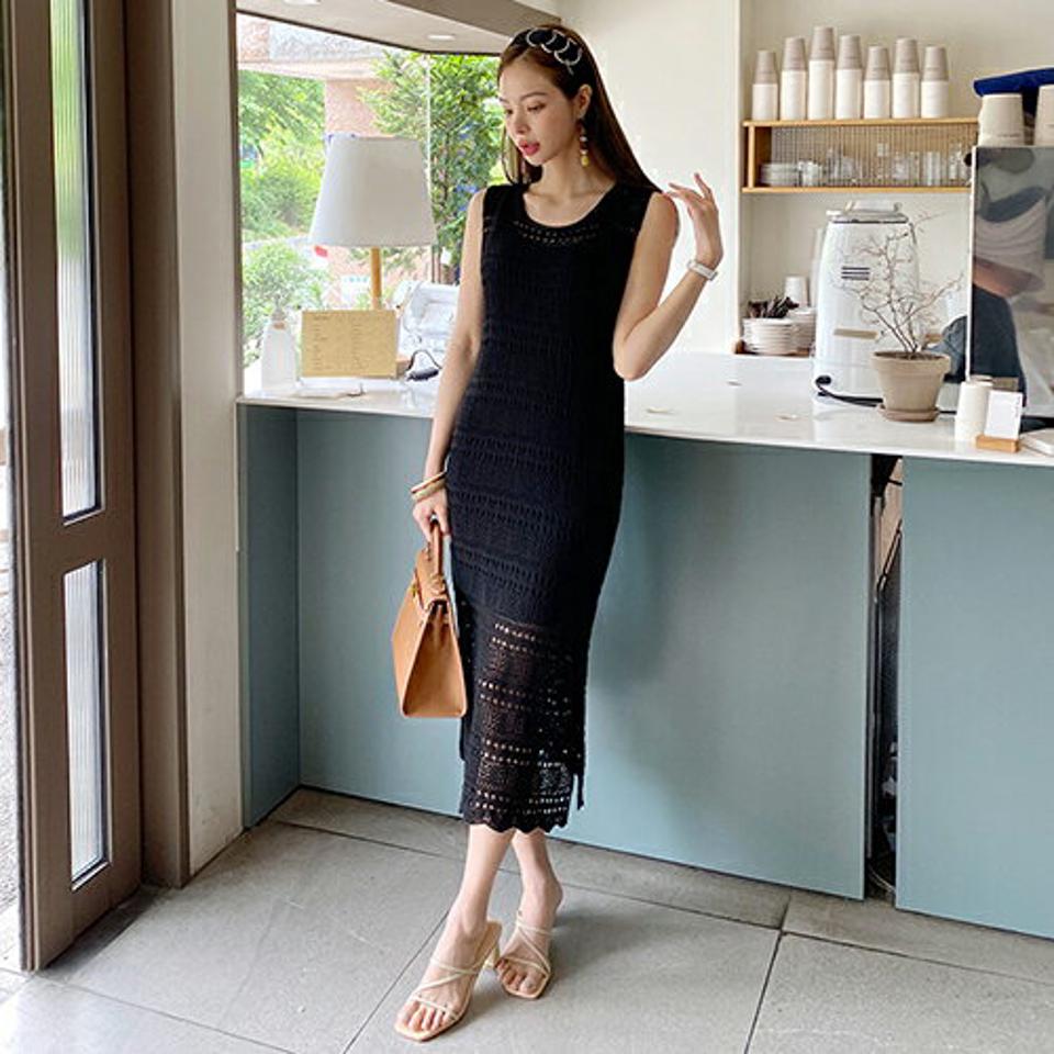 ニットスリップ付2WAYパンチングワンピースSET・全3色・t68327 レディース 【ops】 ワンピース ロング ロングワンピ−ス スリット スリーブレス ノースリーブ ニット 2way 透け感 前後着用自由 春 夏 韓国 ファッション ハイホリHIHOLLI