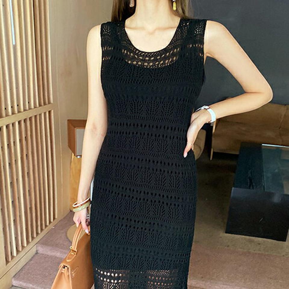 ニットスリップ付2WAYパンチングワンピースSET・全3色・t68327 レディース 【ops】 ワンピース ロング ロングワンピ−ス スリット スリーブレス ノースリーブ ニット 2way 透け感 前後着用自由 春 夏 韓国 ファッション ハイホリHIHOLLI