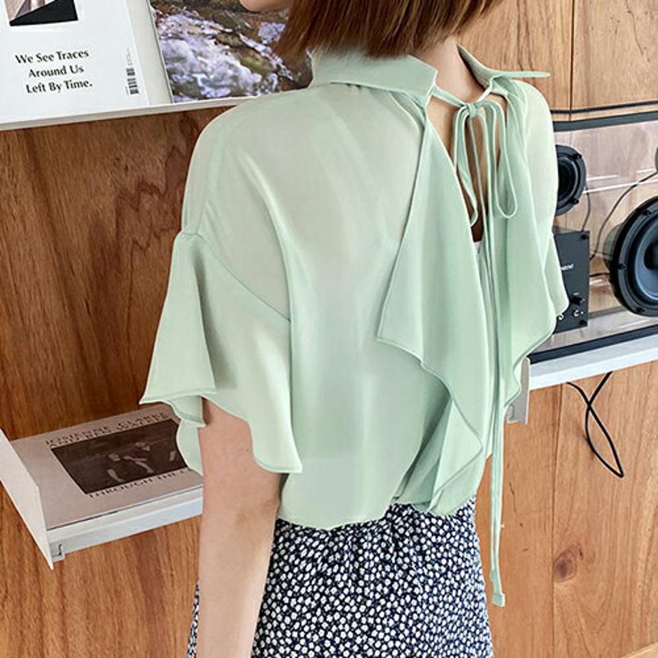 【全品10%OFF】2WAYフリルリボンブラウス・全3色・b63582 レディース 【bl】【韓国 ファッション トップス ブラウス 半袖 ラブリー リボン フリル スリット 2WAY 体型カバー スリム ボリューム ガーリー フェミニン 夏 春】