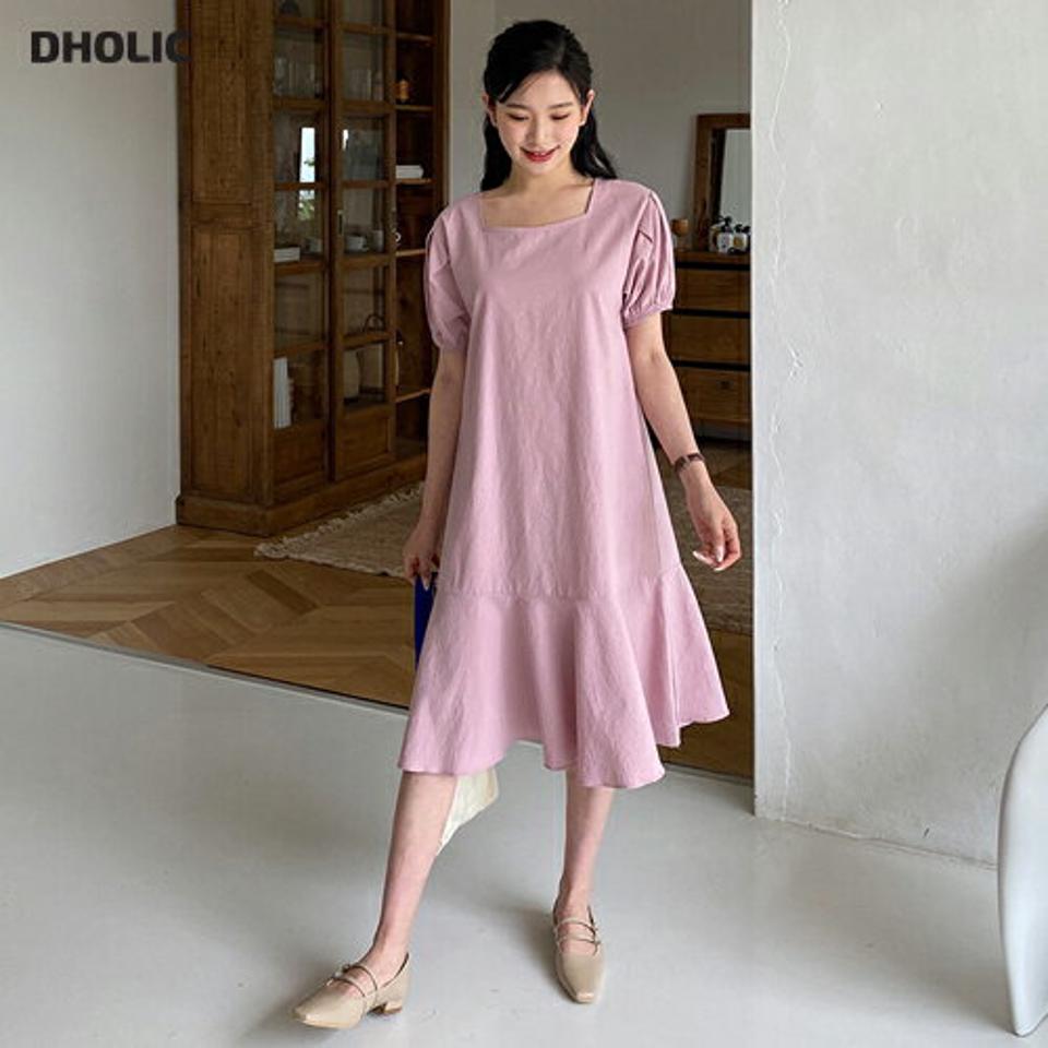 スクエアフレアヘムワンピース・全3色・t64079 レディース 【ops】【韓国 ファッション ワンピース ロング ロングワンピース 半袖 スクエアネック フェミニン ボリューム フレア ハーフスリーブ フェミニン 細身 体型カバー 春 夏】【NIJU】