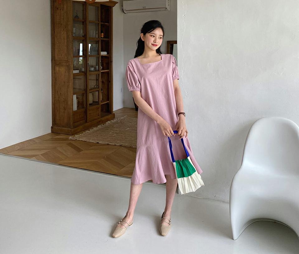 スクエアフレアヘムワンピース・全3色・t64079 レディース 【ops】【韓国 ファッション ワンピース ロング ロングワンピース 半袖 スクエアネック フェミニン ボリューム フレア ハーフスリーブ フェミニン 細身 体型カバー 春 夏】【NIJU】