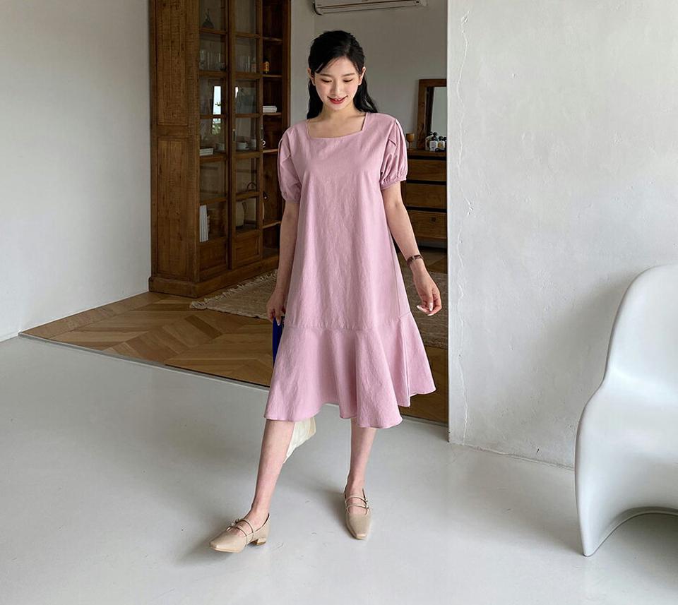 スクエアフレアヘムワンピース・全3色・t64079 レディース 【ops】【韓国 ファッション ワンピース ロング ロングワンピース 半袖 スクエアネック フェミニン ボリューム フレア ハーフスリーブ フェミニン 細身 体型カバー 春 夏】【NIJU】