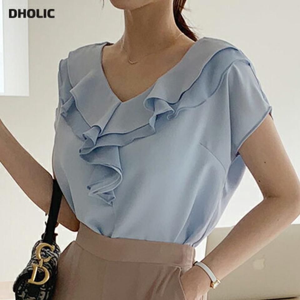 Vネックダブルフリルブラウス・全4色・68323 レディース 【bl】【トップス ブラウス ショートスリーブ フレンチスリーブ フリル Vネック フェミニン 単色 シンプル かわいい 可愛い 大人 春 夏 韓国 ファッション】【ハイホリHIHOLLI】