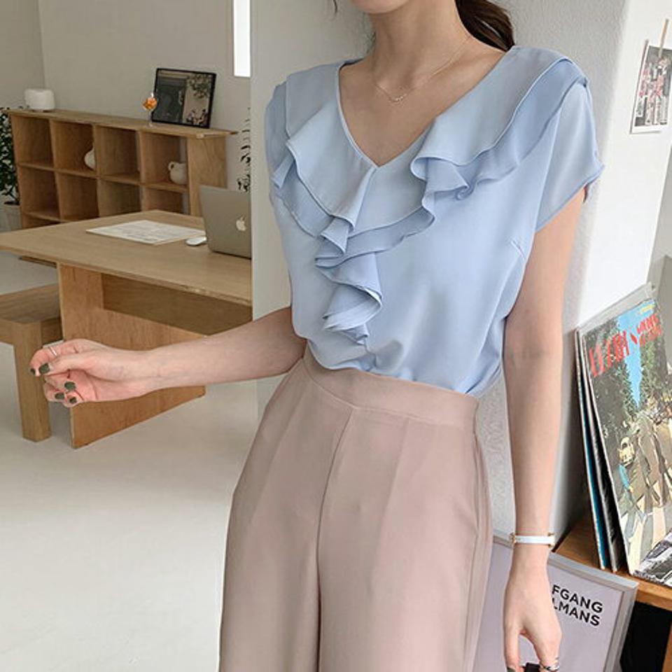 Vネックダブルフリルブラウス・全4色・68323 レディース 【bl】【トップス ブラウス ショートスリーブ フレンチスリーブ フリル Vネック フェミニン 単色 シンプル かわいい 可愛い 大人 春 夏 韓国 ファッション】【ハイホリHIHOLLI】