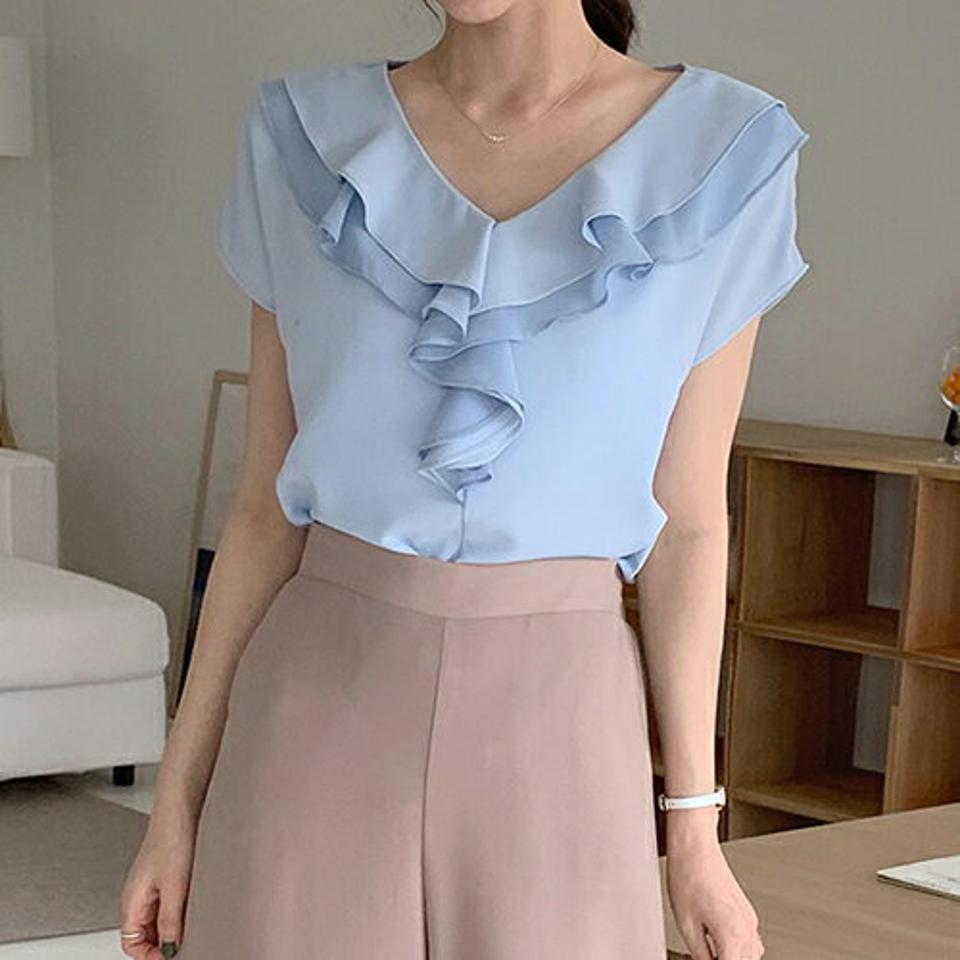 Vネックダブルフリルブラウス・全4色・68323 レディース 【bl】【トップス ブラウス ショートスリーブ フレンチスリーブ フリル Vネック フェミニン 単色 シンプル かわいい 可愛い 大人 春 夏 韓国 ファッション】【ハイホリHIHOLLI】