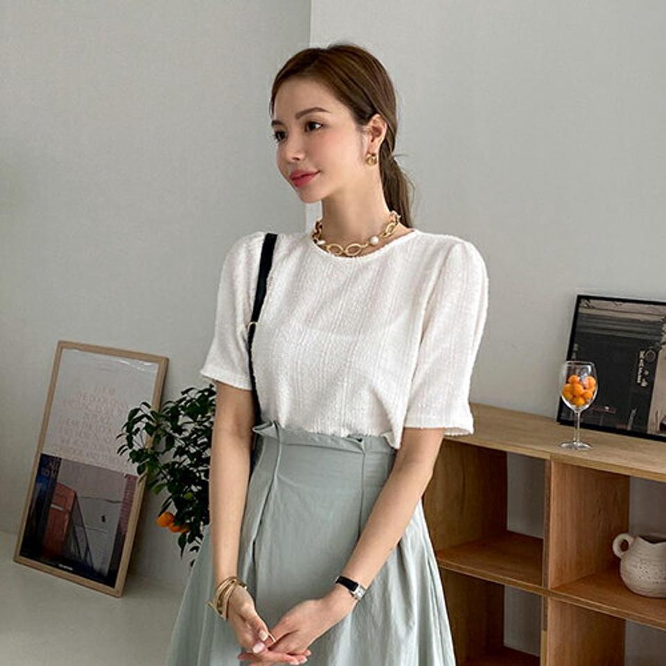 ツイード風ラウンドネックブラウス・全3色・t68320 レディース 【bl】 トップス ブラウス 半袖 ツイード 上品 高級感 大人 シンプル フェミニン 春 夏 韓国 ファッション ハイホリHIHOLLI