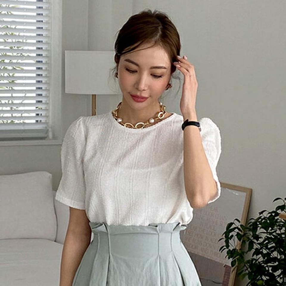 ツイード風ラウンドネックブラウス・全3色・t68320 レディース 【bl】 トップス ブラウス 半袖 ツイード 上品 高級感 大人 シンプル フェミニン 春 夏 韓国 ファッション ハイホリHIHOLLI