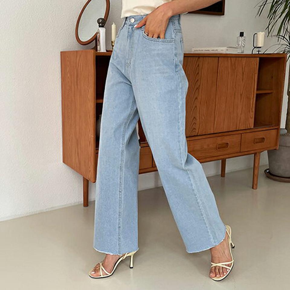 ライトブルーワイドデニムパンツ・全1色・t63604 レディース 【pt】 韓国 ファッション ボトムス ロング ロングパンツ 美脚 デニムパンツ ワイド ストレート カットオフ デニム 10分丈 体型カーバー 細身 ハイウエスト 夏 春