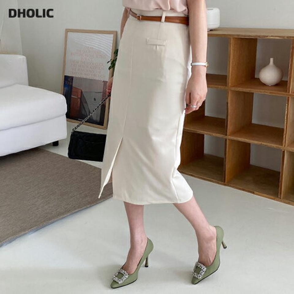 ベルト付Hラインスカート・全3色・t68342 レディース 【sk】 スカート ミディ丈 ミディスカート Hライン ベルト 単色 無地 シンプル ベーシック 大人 スリット 春 夏 秋 韓国 ファッション ハイホリHIHOLLI