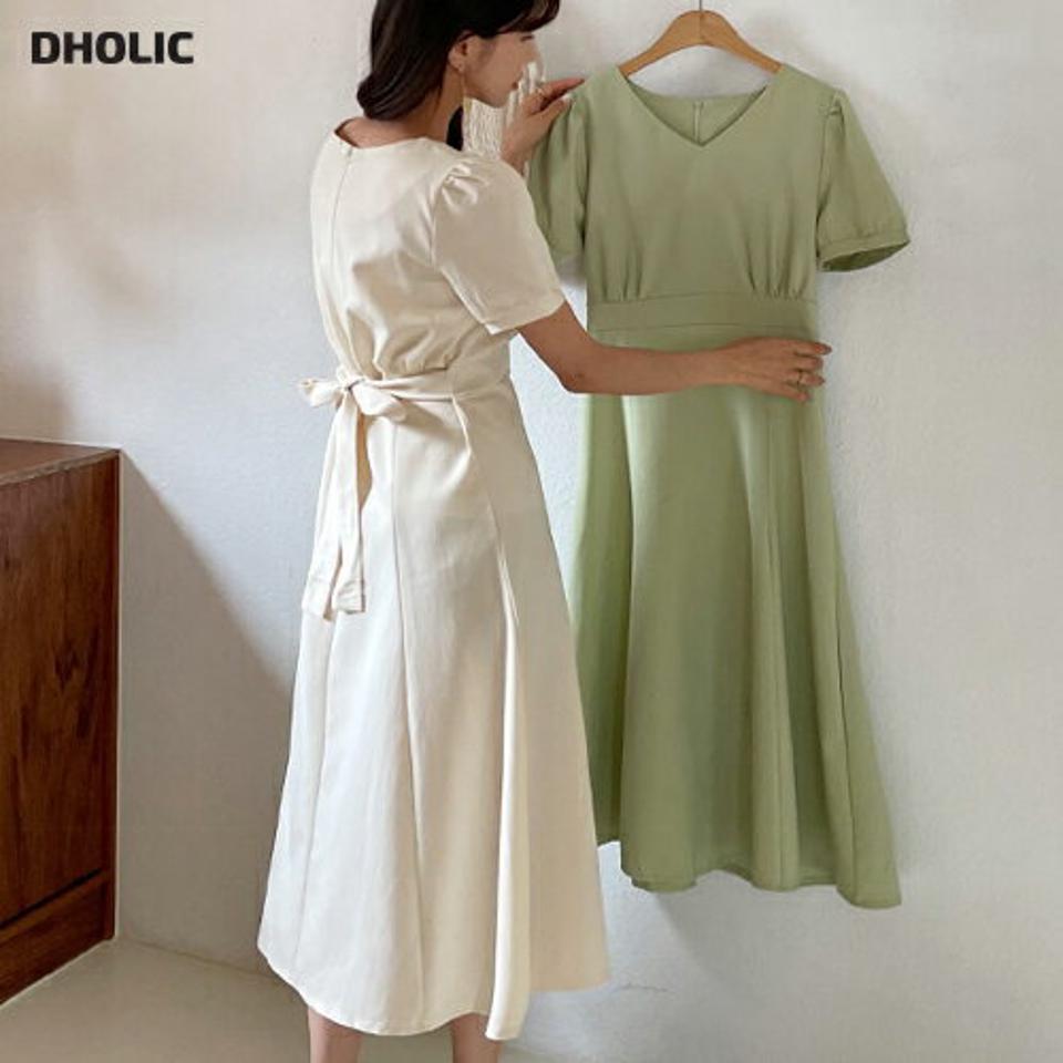Vネックバックリボンワンピース・全2色・t63588 レディース 【ops】 韓国 ファッション ワンピース ロング ロングワンピース 半袖 リネンブレンド リボン ガーリー Vネック フレア フェミニン ボリューム 体型カバー 細身 夏 春