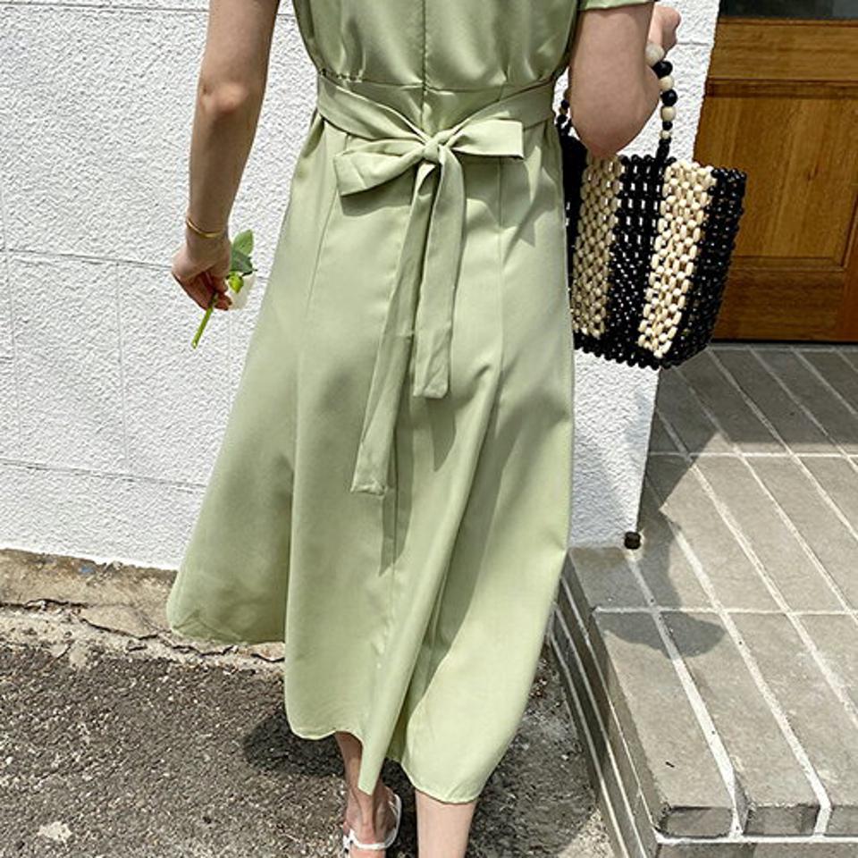 Vネックバックリボンワンピース・全2色・t63588 レディース 【ops】 韓国 ファッション ワンピース ロング ロングワンピース 半袖 リネンブレンド リボン ガーリー Vネック フレア フェミニン ボリューム 体型カバー 細身 夏 春