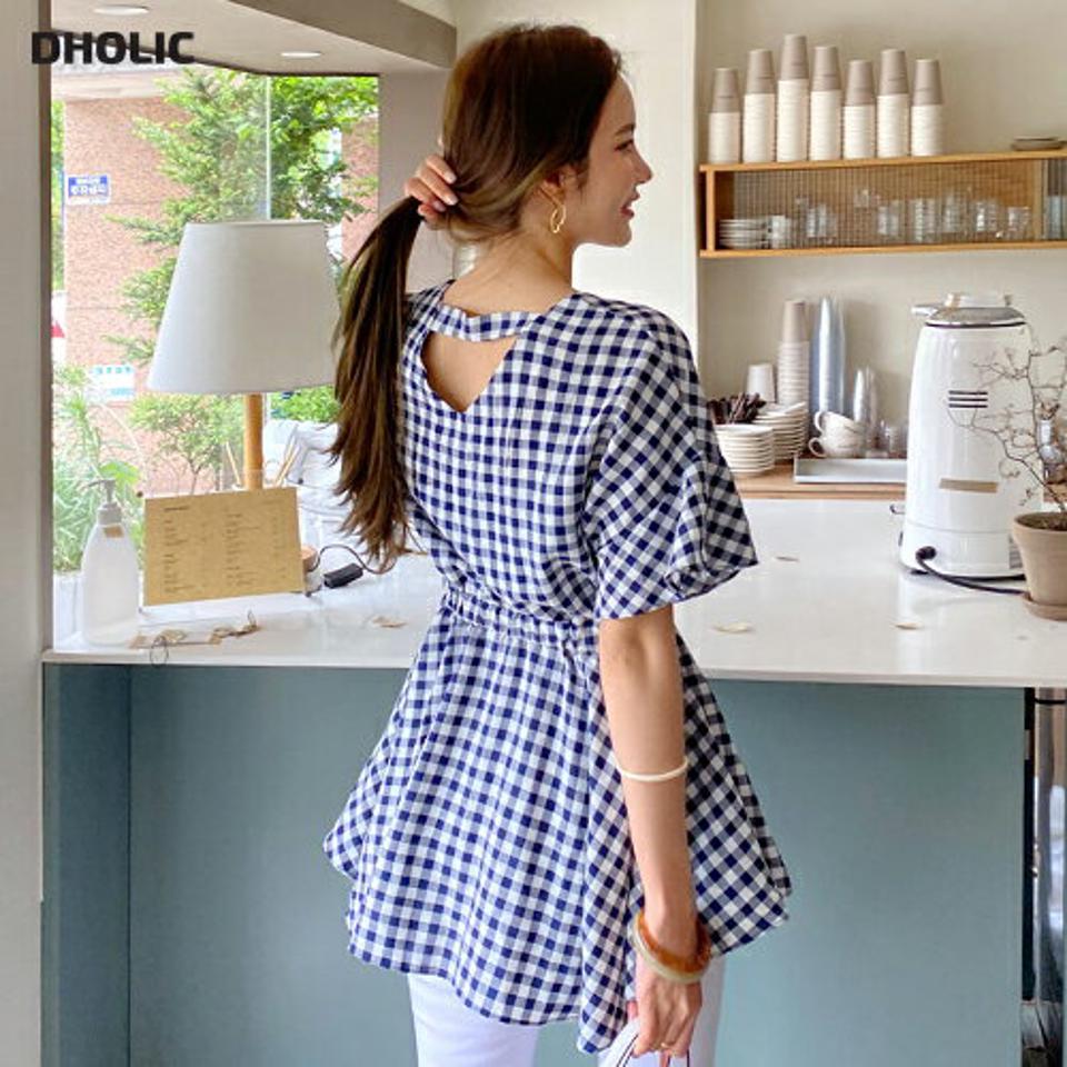 フレアチェックブラウス・全2色・b68326 レディース 【bl】 トップス ブラウス 半袖 ハーフスリーブ チェック柄 ギンガムチェック フレア フレアトップス ガーリー 可愛い かわいい 春 夏 韓国 ファッション ハイホリHIHOLLI