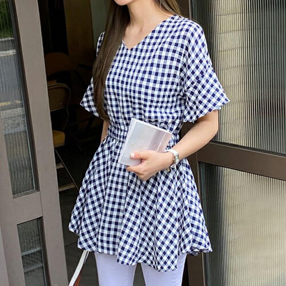 フレアチェックブラウス・全2色・b68326 レディース 【bl】 トップス ブラウス 半袖 ハーフスリーブ チェック柄 ギンガムチェック フレア フレアトップス ガーリー 可愛い かわいい 春 夏 韓国 ファッション ハイホリHIHOLLI