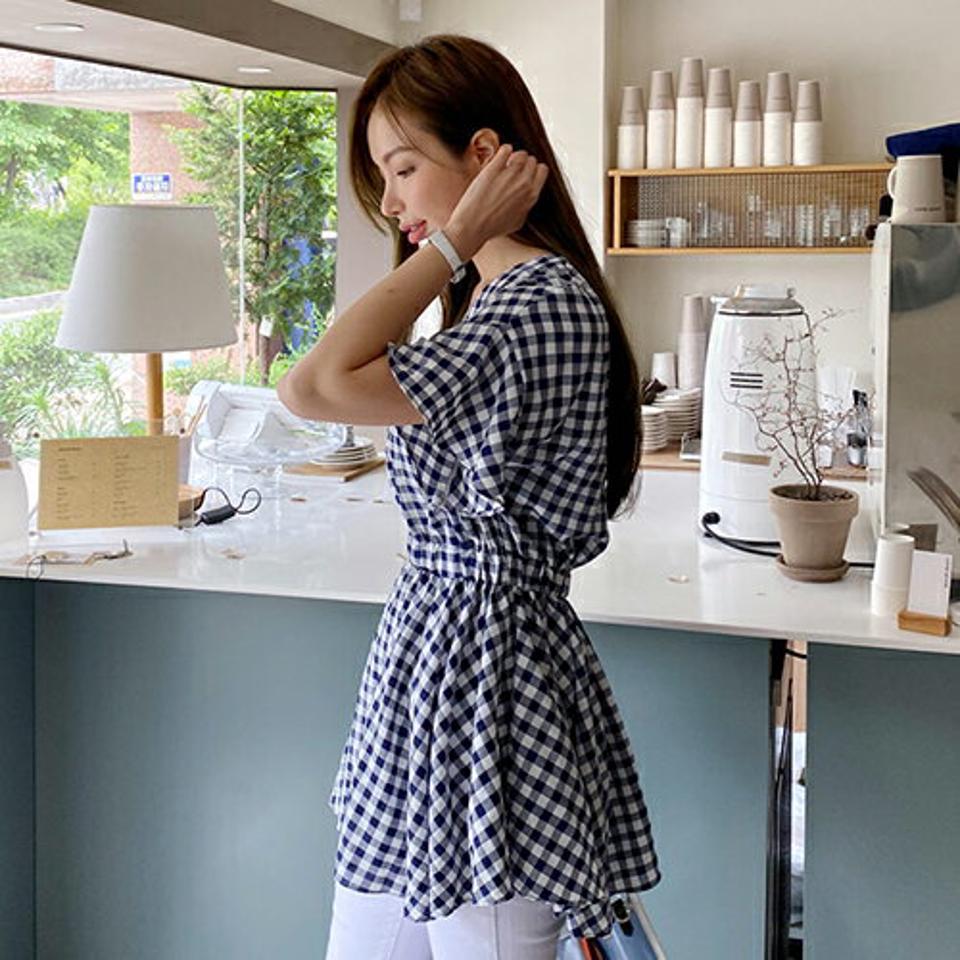 フレアチェックブラウス・全2色・b68326 レディース 【bl】 トップス ブラウス 半袖 ハーフスリーブ チェック柄 ギンガムチェック フレア フレアトップス ガーリー 可愛い かわいい 春 夏 韓国 ファッション ハイホリHIHOLLI