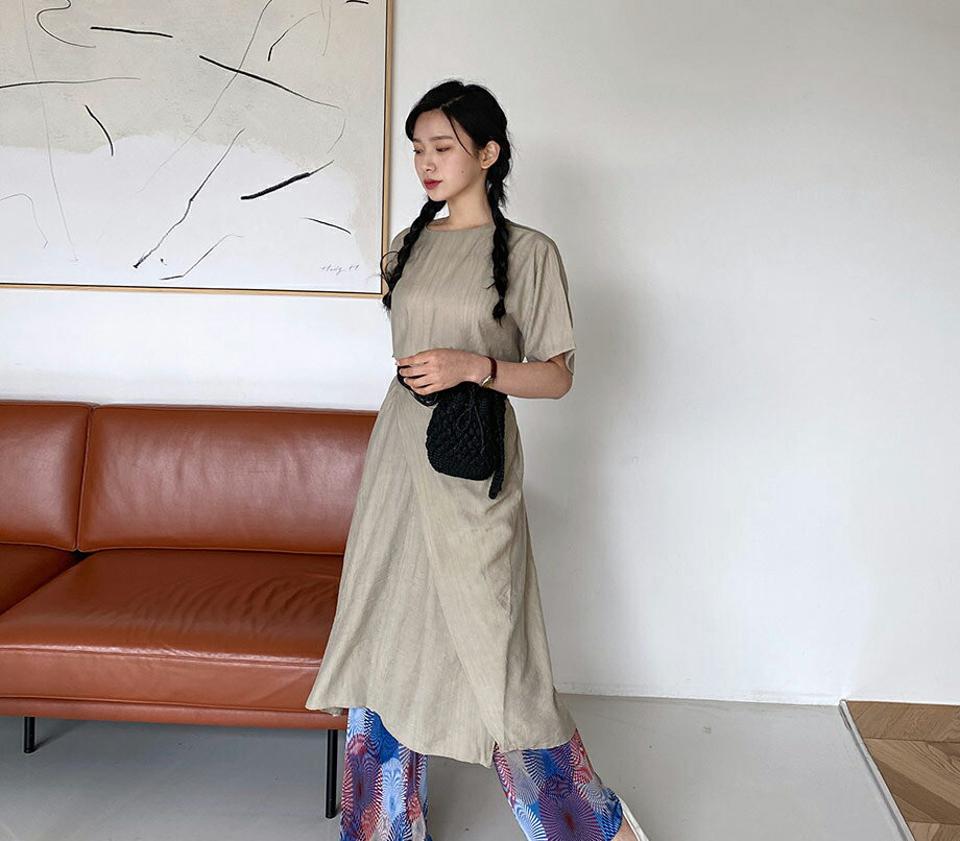 リンクルラップワンピース・全3色・t64080 レディース 【ops】 韓国 ファッション ワンピース ロング ロングワンピース 半袖 リンクル 上品 ラップ ラウンドネック ハーフスリーブ フェミニン 細身 体型カバー 春 夏 NIJU