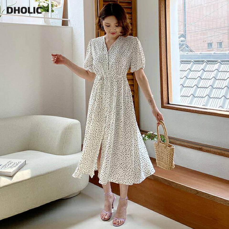 ドットフレアボタンワンピース・全4色・t63589 レディース 【ops】【韓国 ファッション ワンピース ロング ロングワンピース 半袖 フェミニン リネン ドット パターン Vネック リボン ボリューム 体型カバー 細身 夏 春】