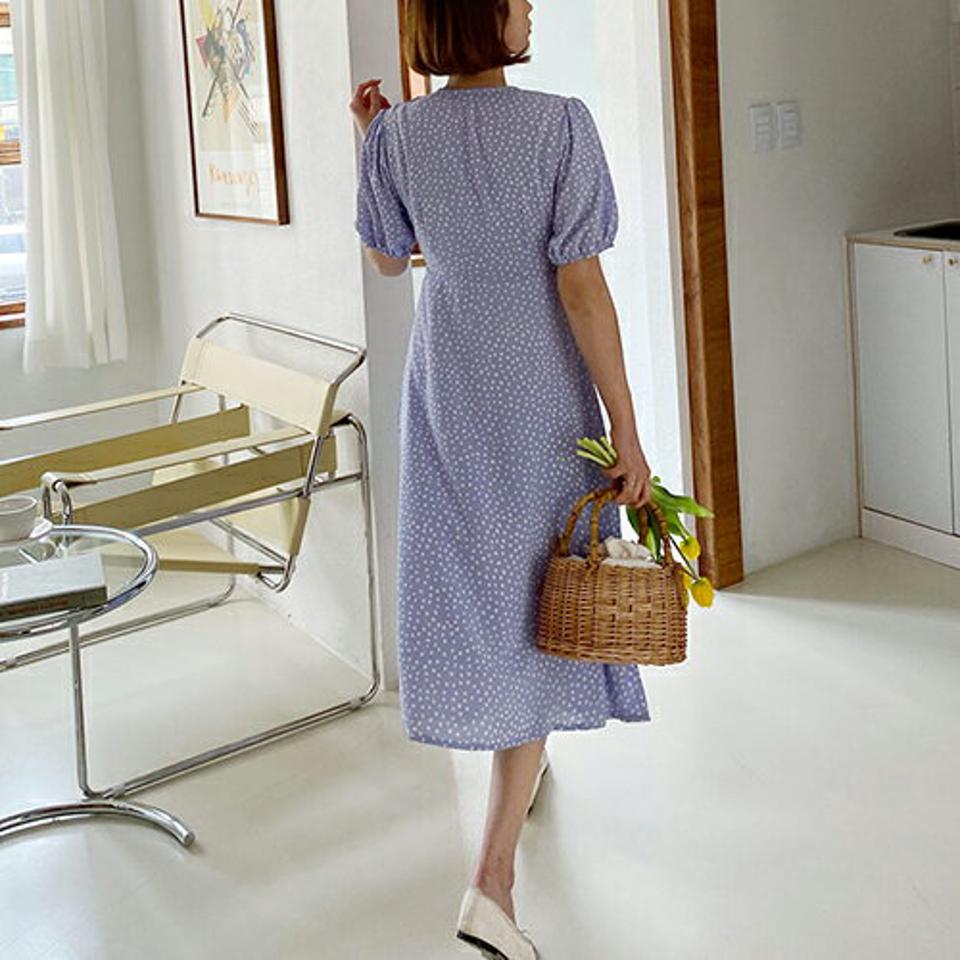 ドットフレアボタンワンピース・全4色・t63589 レディース 【ops】【韓国 ファッション ワンピース ロング ロングワンピース 半袖 フェミニン リネン ドット パターン Vネック リボン ボリューム 体型カバー 細身 夏 春】