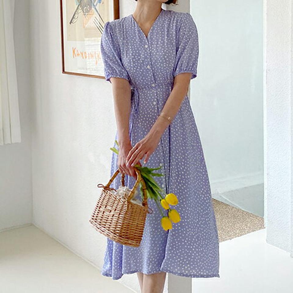 ドットフレアボタンワンピース・全4色・t63589 レディース 【ops】【韓国 ファッション ワンピース ロング ロングワンピース 半袖 フェミニン リネン ドット パターン Vネック リボン ボリューム 体型カバー 細身 夏 春】