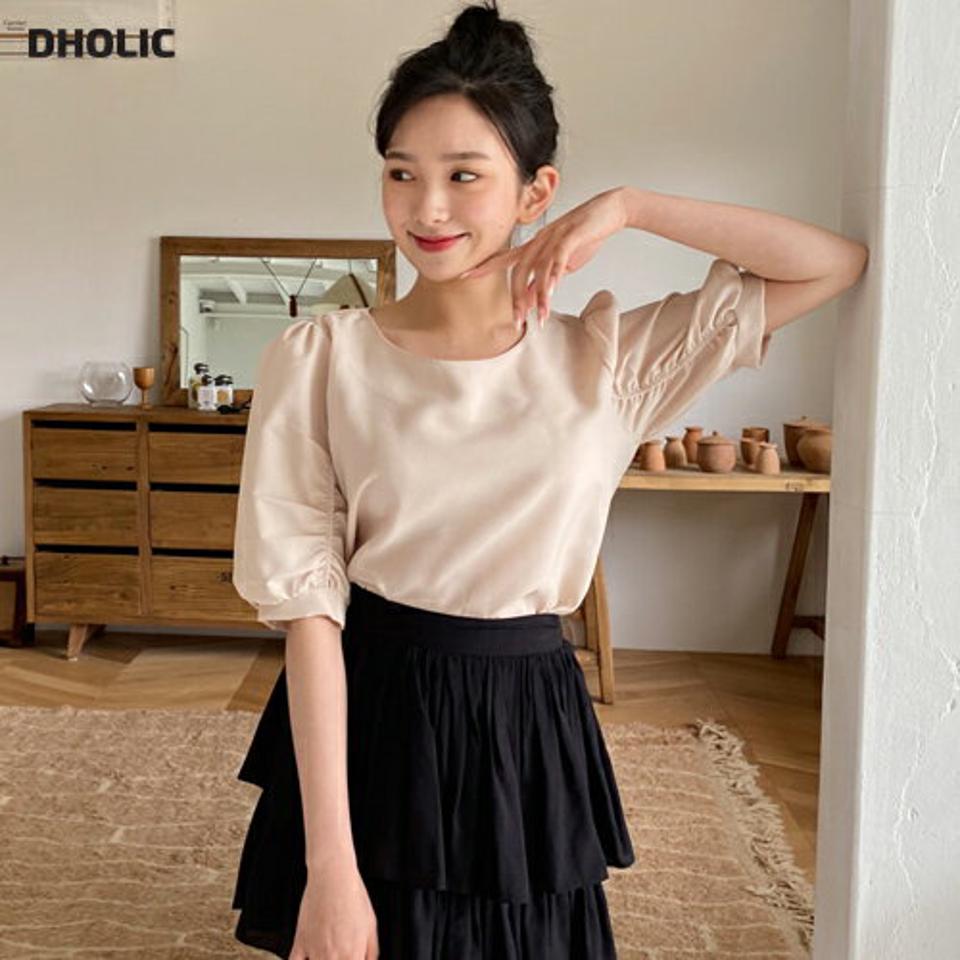 ゴムパフスリーブブラウス・全6色・64070 レディース 【bl】【韓国 ファッション トップス ブラウス 半袖 ボリューム ウンドネック ガーリー フィット 体型カバー 細身 春 夏】【NIJU】