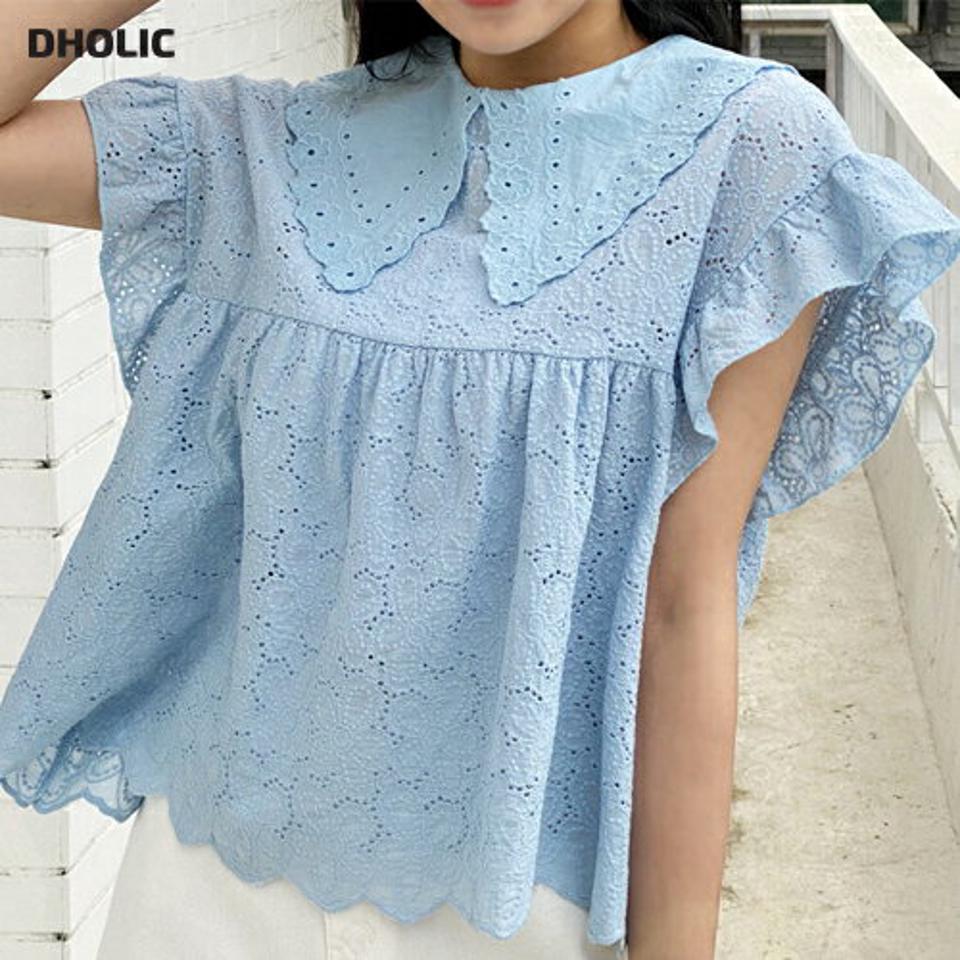 アイレットレースカラーブラウス・全2色・b64075 レディース 【bl】【韓国 ファッション トップス ブラウス 半袖 ラウンドネック レース 花柄 フラワー パターン フリル ギャザー ウェーブ ビッグカラー ガーリー ルーズ ゆったり 体型カバー 細身 春 夏】【NIJU】