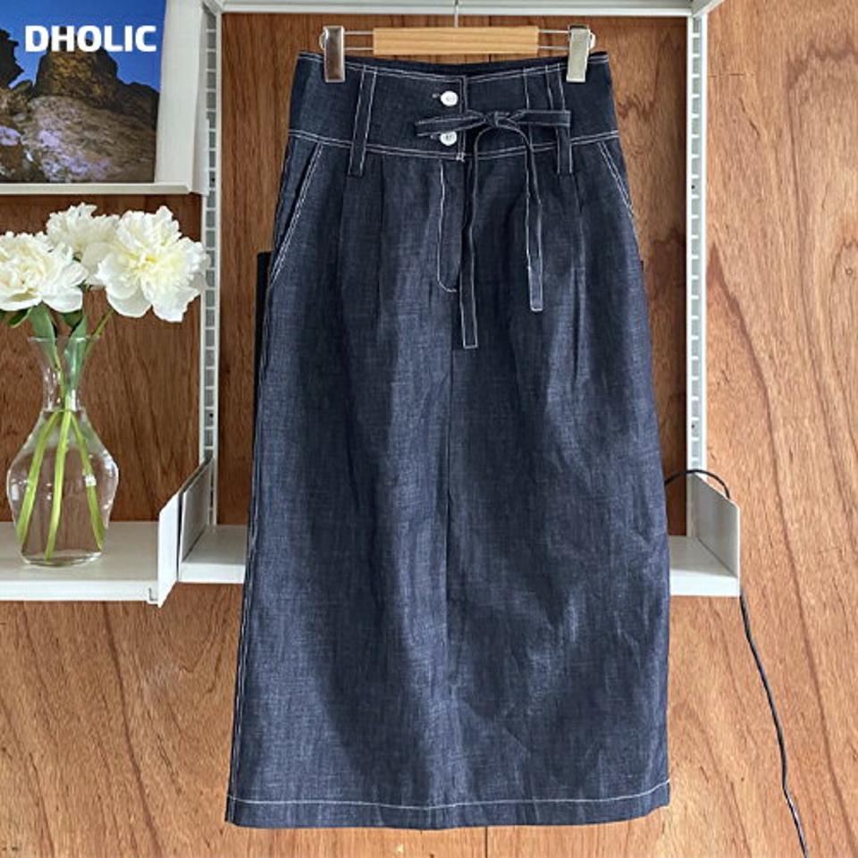 ステッチリボンデニムスカート・全1色・t63599 レディース 【sk】 韓国 ファッション ボトムス スカート ロング ロングスカート ステッチ デニム Hライン リボン ツータック フェミニン スリム 体型カバー 細身 夏 春