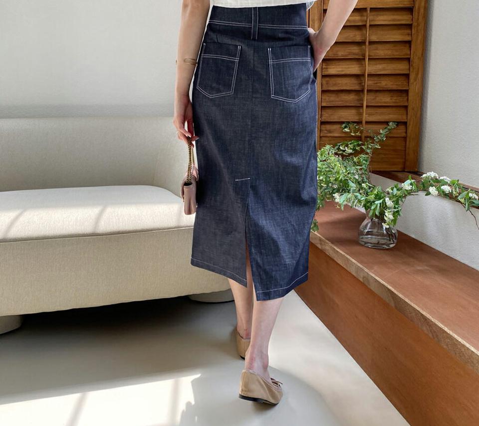 ステッチリボンデニムスカート・全1色・t63599 レディース 【sk】 韓国 ファッション ボトムス スカート ロング ロングスカート ステッチ デニム Hライン リボン ツータック フェミニン スリム 体型カバー 細身 夏 春