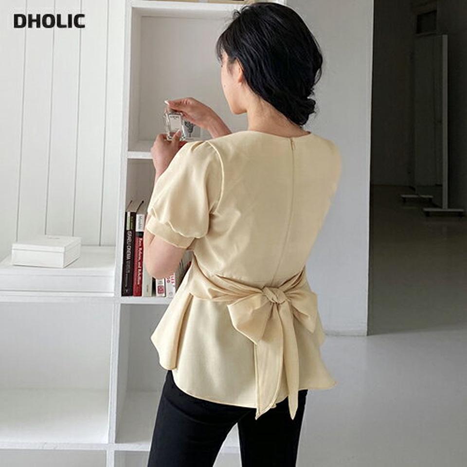 【全品10%OFF】ラップフレアブラウス・全3色・b64071 レディース 【bl】【韓国 ファッション トップス ブラウス 半袖 ラップ フレア パフスリーブ ストラップ クロス ラウンドネック リボン ガーリー フィット 体型カバー 細身 春 夏】【NIJU】