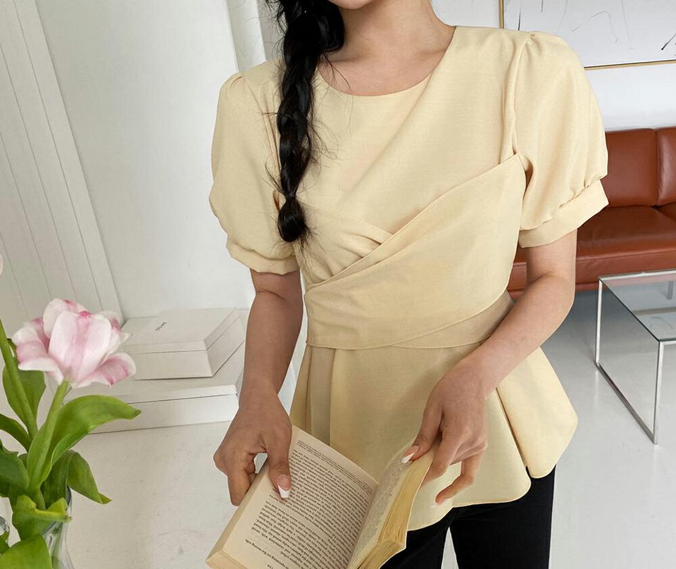 【全品10%OFF】ラップフレアブラウス・全3色・b64071 レディース 【bl】【韓国 ファッション トップス ブラウス 半袖 ラップ フレア パフスリーブ ストラップ クロス ラウンドネック リボン ガーリー フィット 体型カバー 細身 春 夏】【NIJU】