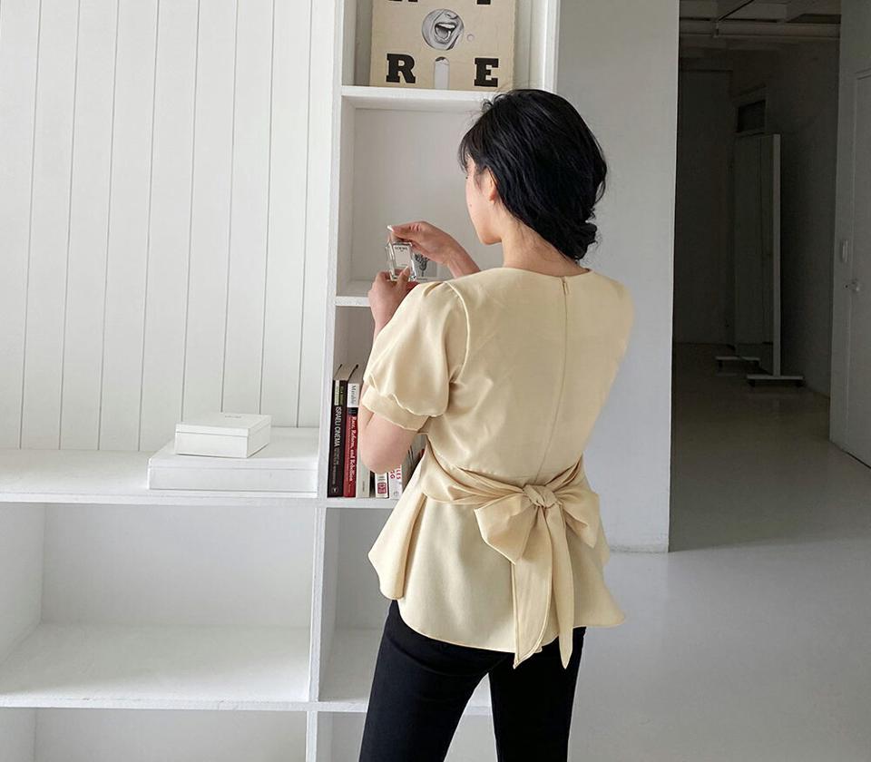 【全品10%OFF】ラップフレアブラウス・全3色・b64071 レディース 【bl】【韓国 ファッション トップス ブラウス 半袖 ラップ フレア パフスリーブ ストラップ クロス ラウンドネック リボン ガーリー フィット 体型カバー 細身 春 夏】【NIJU】