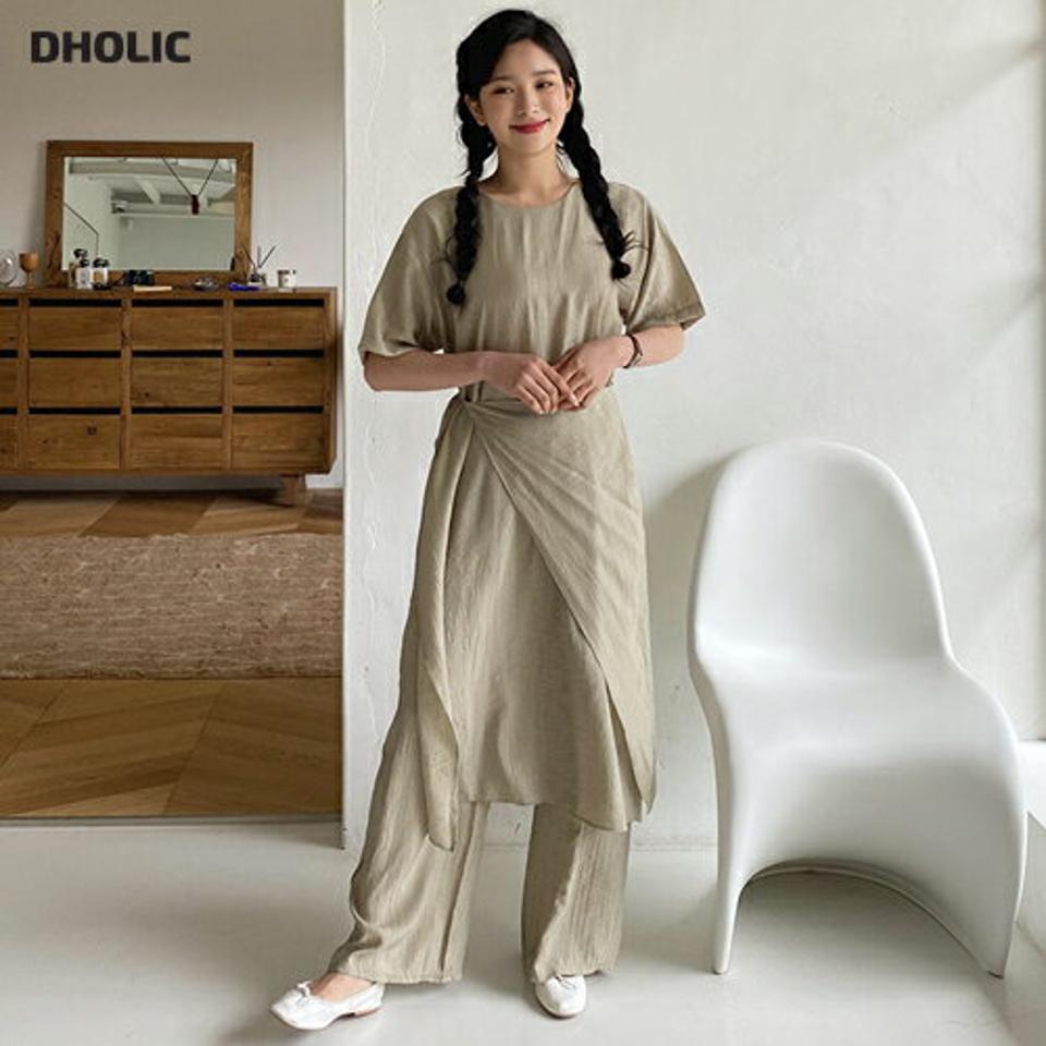 リンクルラップワンピース&イージーパンツSET・全3色・t64081 レディース 【pt】 韓国 ファッション ボトムス パンツ ロング ロングパンツ ワンピース セット リンクル ハイウエスト ワイド 美脚 スリム 細身 体型カーバー 10分丈 春 夏 NIJU