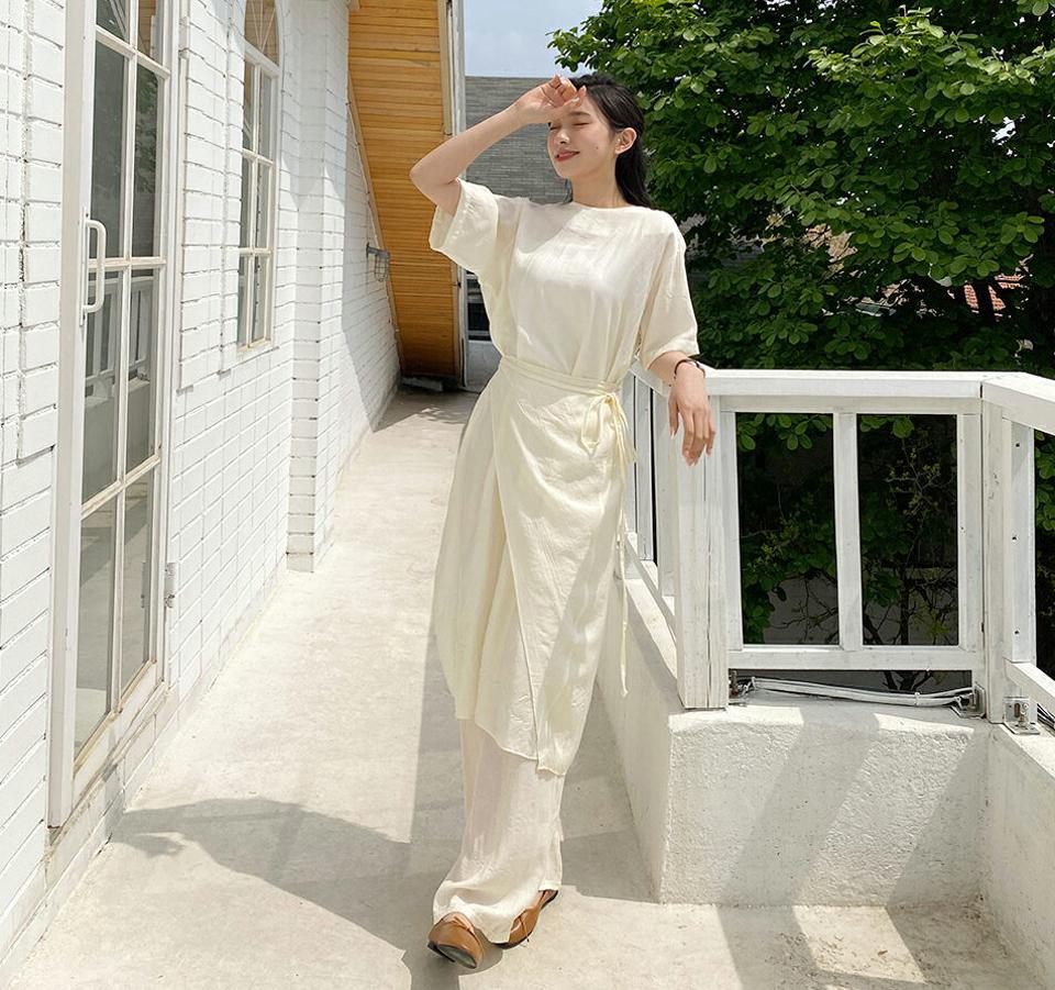 リンクルラップワンピース&イージーパンツSET・全3色・t64081 レディース 【pt】 韓国 ファッション ボトムス パンツ ロング ロングパンツ ワンピース セット リンクル ハイウエスト ワイド 美脚 スリム 細身 体型カーバー 10分丈 春 夏 NIJU