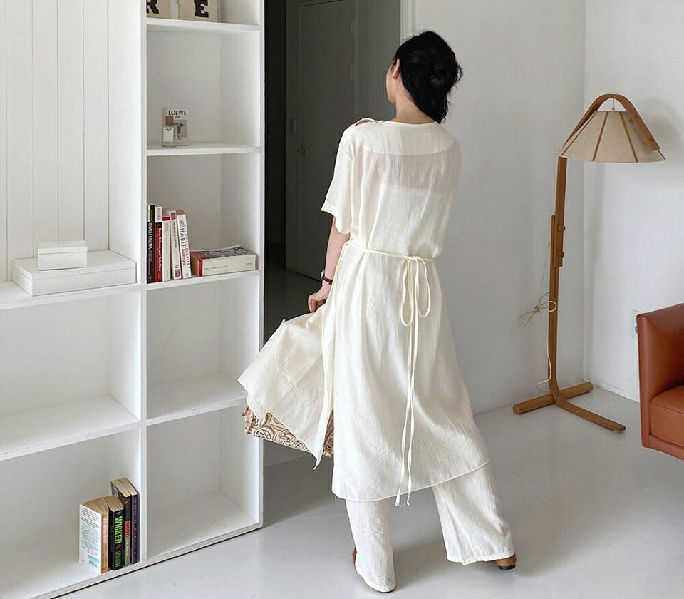 リンクルラップワンピース&イージーパンツSET・全3色・t64081 レディース 【pt】 韓国 ファッション ボトムス パンツ ロング ロングパンツ ワンピース セット リンクル ハイウエスト ワイド 美脚 スリム 細身 体型カーバー 10分丈 春 夏 NIJU