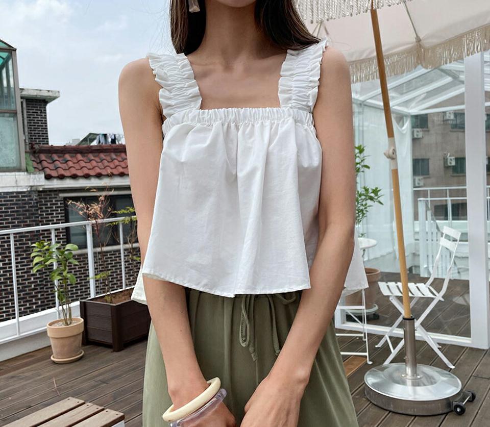 フリルフレアスリーブレス・全3色・t63576 レディース 【tops】 韓国 ファッション トップス スリーブレス ノースリーブ フリル フレア ィット スリム 細身 体型カバー フェミニン 夏 春