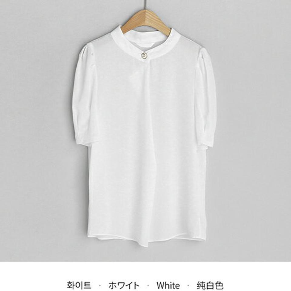 リングフェイクパール半袖ブラウス・全3色・t68324 レディース 【bl】 トップス ブラウス 半袖 ハーフスリーブ パールボタン フェミニン 単色 無地 シンプル きれいめ 上品 大人 春 夏 韓国 ファッション ハイホリHIHOLLI
