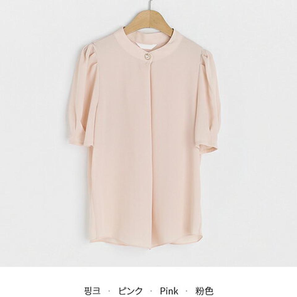 リングフェイクパール半袖ブラウス・全3色・t68324 レディース 【bl】 トップス ブラウス 半袖 ハーフスリーブ パールボタン フェミニン 単色 無地 シンプル きれいめ 上品 大人 春 夏 韓国 ファッション ハイホリHIHOLLI