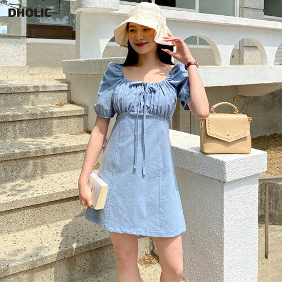 スクエアギャザーワンピース・全3色・t64077 レディース 【ops】 韓国 ファッション ワンピース ミニ ミニワンピース 半袖 ギャザー フレア スクエアネック ストリング フィット ショート丈 足長 ボリューム フェミニン 細身 体型カバー 春 夏 NIJU