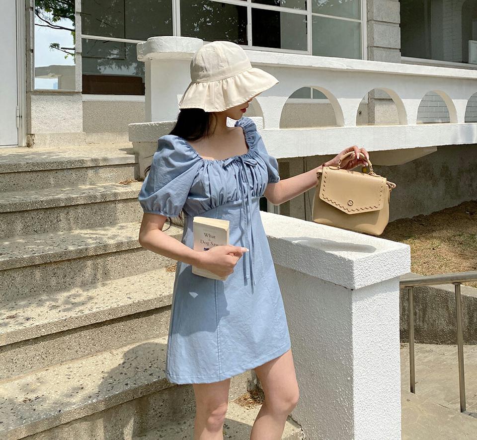 スクエアギャザーワンピース・全3色・t64077 レディース 【ops】 韓国 ファッション ワンピース ミニ ミニワンピース 半袖 ギャザー フレア スクエアネック ストリング フィット ショート丈 足長 ボリューム フェミニン 細身 体型カバー 春 夏 NIJU