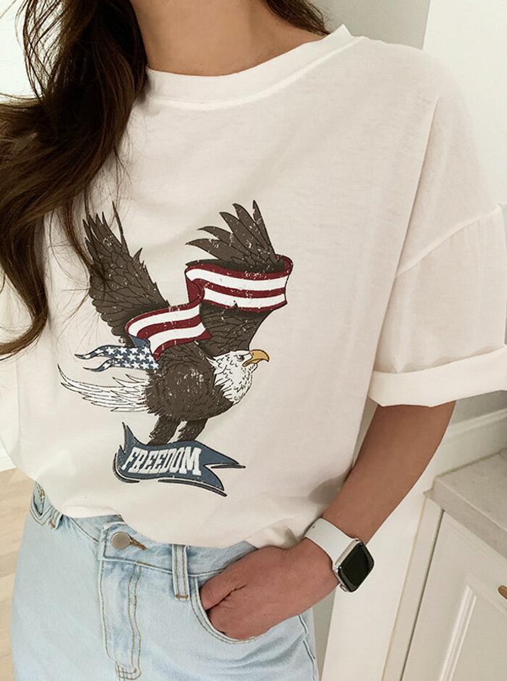 NANING9(ナンニング)ヴィンテージEAGLEプリントT【5/10up_ka】【メール便】韓国 韓国ファッション　トップス Tシャツ 半袖 春 夏 古着 アメカジレディース ファッション【5】