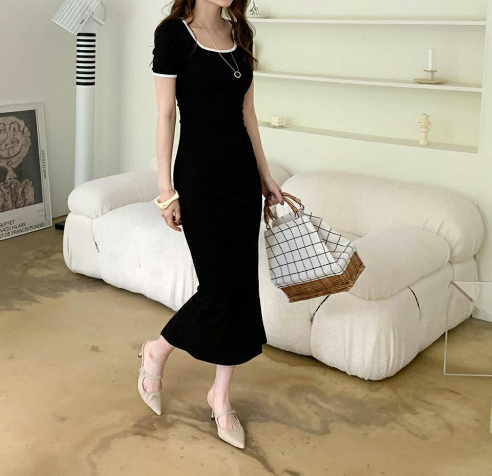 配色スリムワンピース・全3色・t68267 レディース 【ops】 ワンピース ロング ロングワンピース 配色 スリム タイト Hライン 半袖 シンプル 大人 カジュアル 春 夏 韓国 ファッション ハイホリHIHOLLI